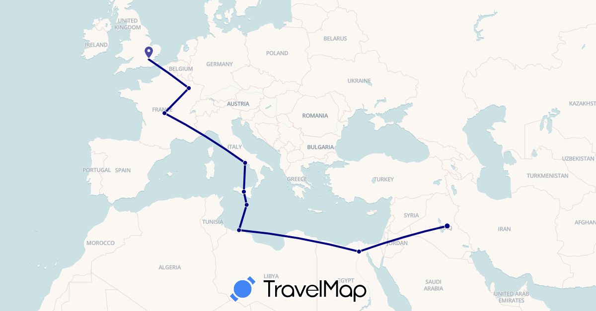 TravelMap itinerary: driving in Egypt, France, United Kingdom, Iraq, Italy, Libya, Malta (Africa, Asia, Europe)